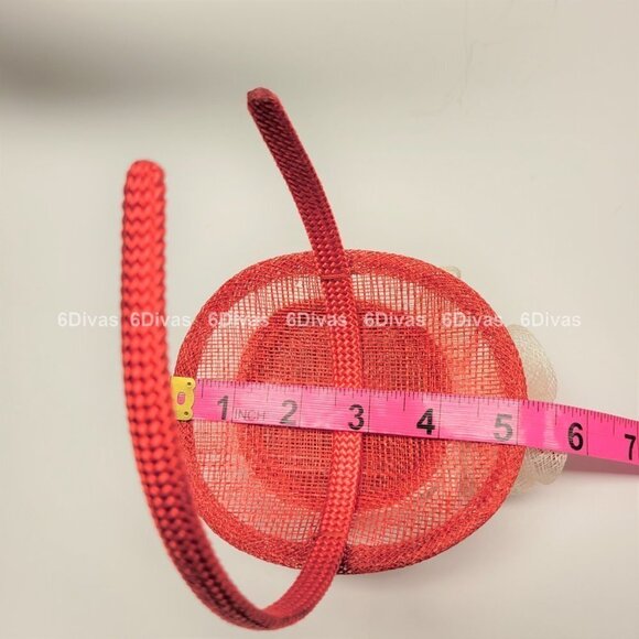 Red Top Hat Fascinator with Cream colored Feathers and Rosettes on Headband - Picture 12 of 14